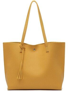 Women's Dark Yellow  Faux Leather Tote Shoulder Bag Spacious Tassel Style